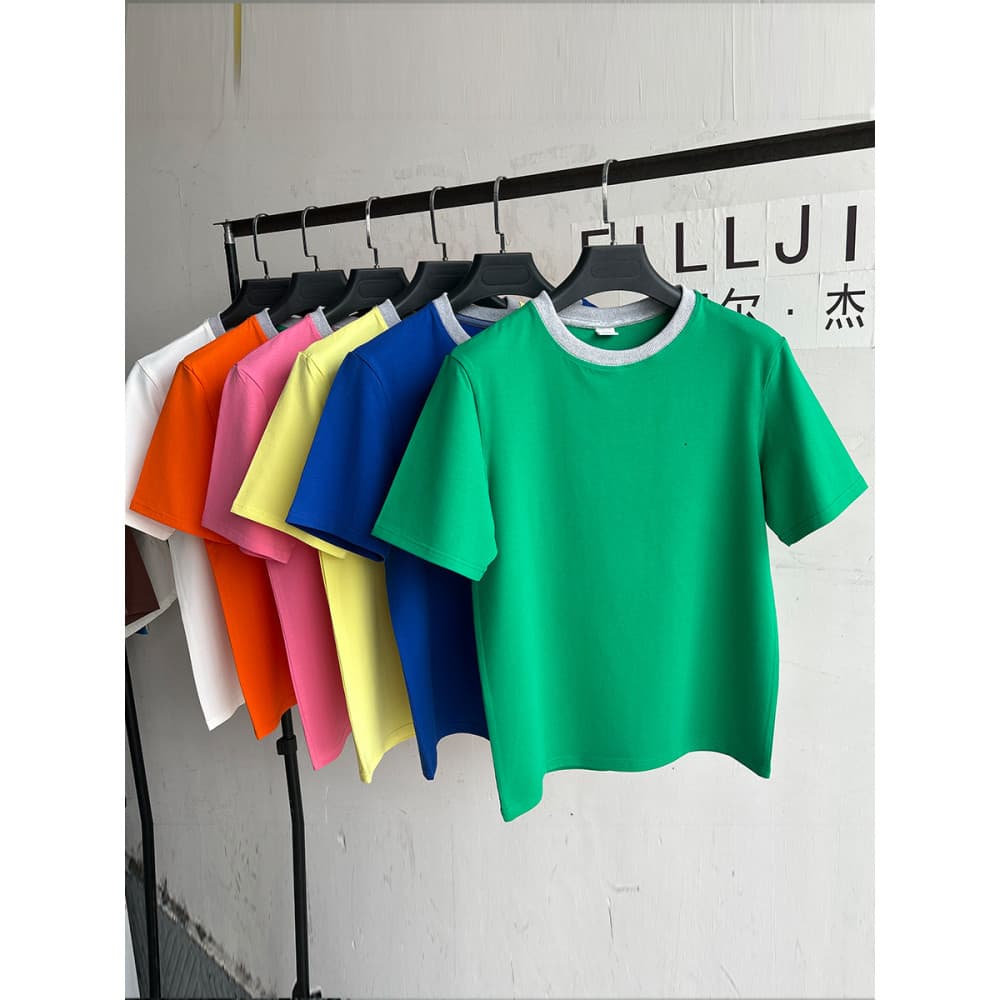 Fergeni Camiseta masculina Casual de verão de manga curta, gola redonda, bloqueio de cores, algodão puro, cor contrastan
