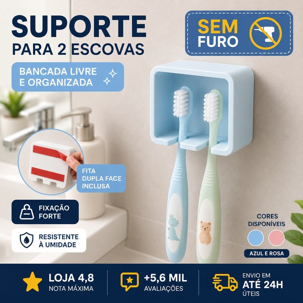 Porta Escova Dente Infantil Parede Banheiro Fita 3M Sem Furar Kids