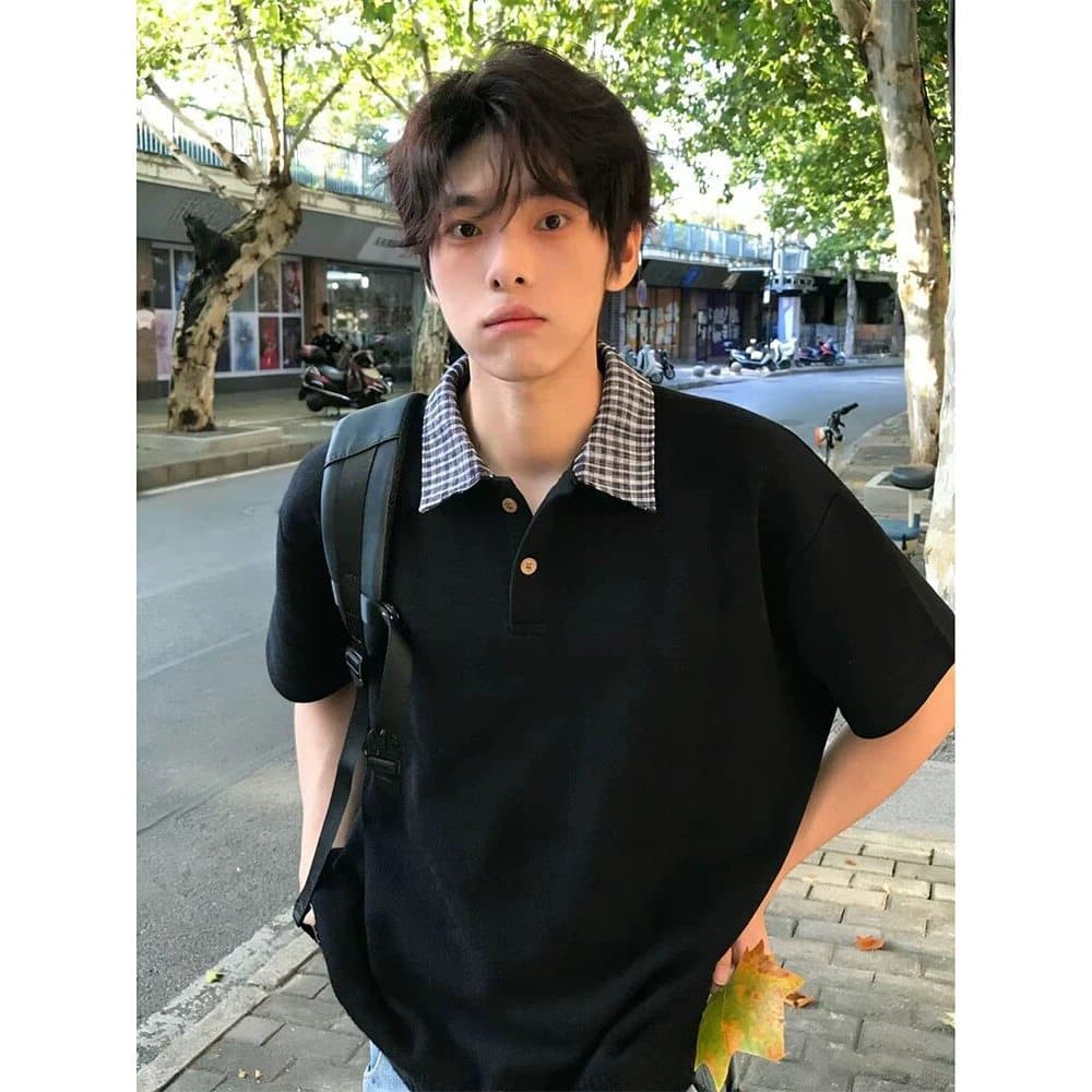 Americano falso de duas peças gola xadrez camisa POLO de manga curta masculina solta lapela pesada camiseta Street Wear