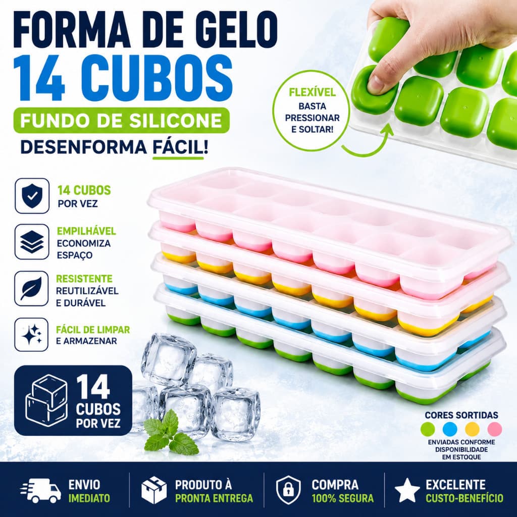 Forma de Gelo 14 Cubos com Tampa e Fundo de Silicone Reutilizável Flexível Freezer Geladeira Cores Diversas