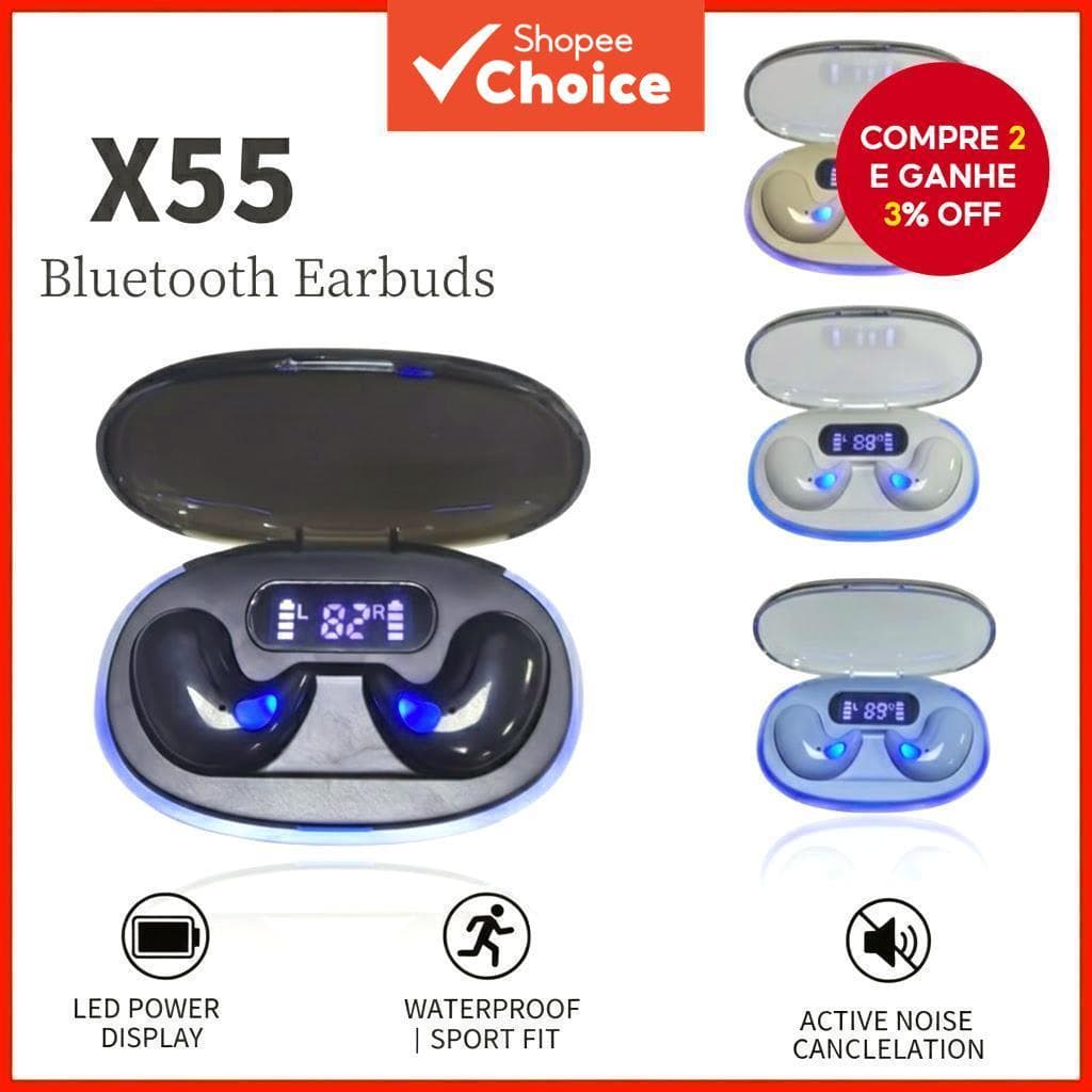 Fones de Ouvido X55 Bluetooth Sem Fio 5.4, Display LED, Estéreo Hi-fi, À Prova D'Água, Cancelamento de Ruído, Graves