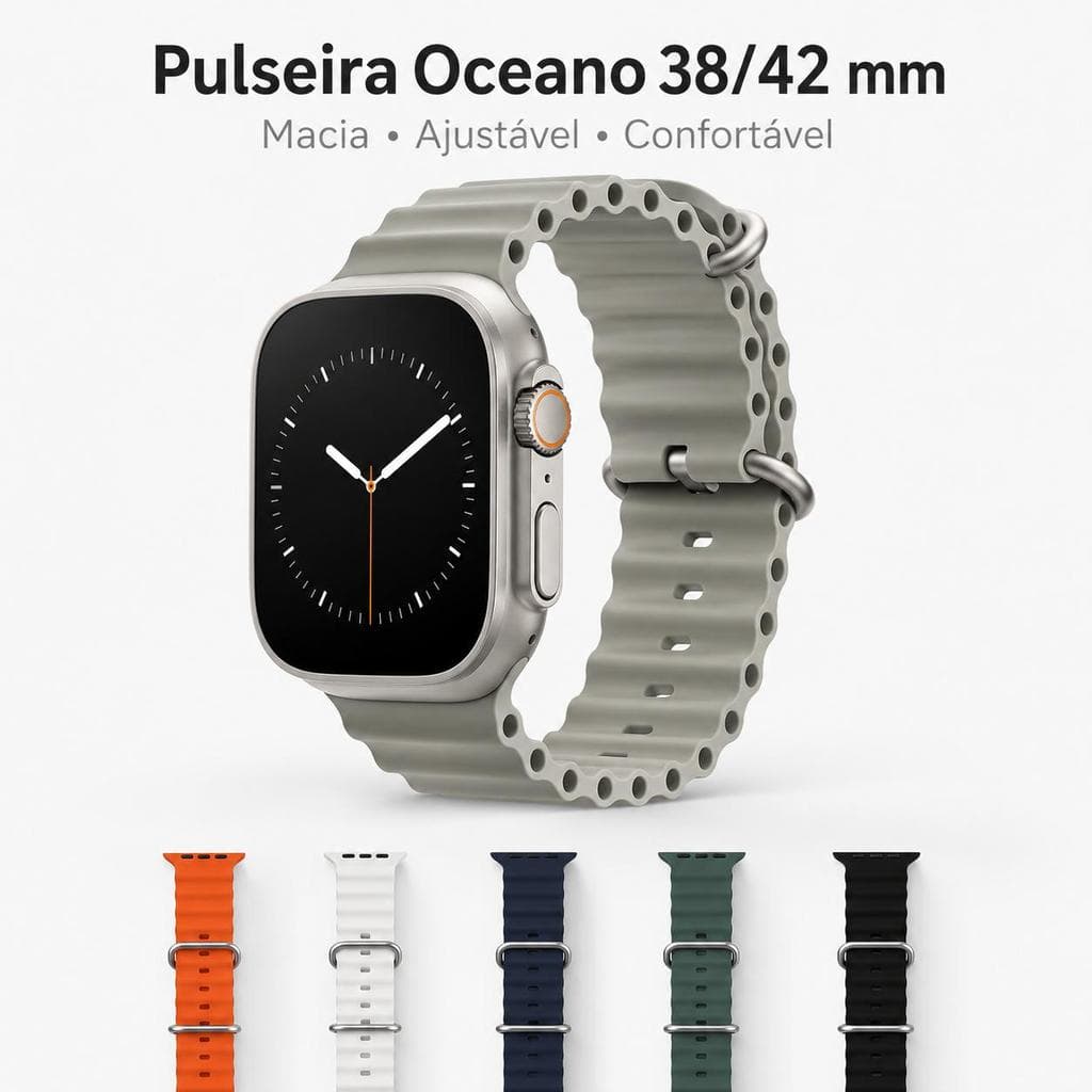 Pulseira Oceano 38/42 mm para Smartwatch, Pulseira de Silicone Macia Ajustável com Argolas Metálicas