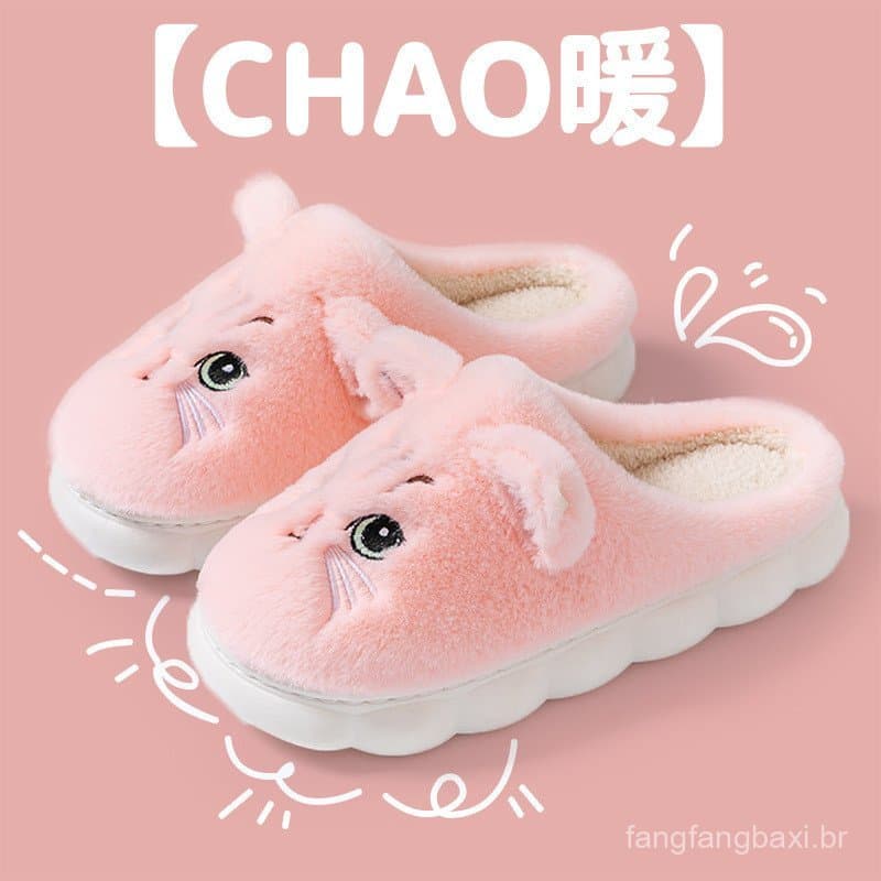 Outono inverno chinelos de algodão feminino casa casais interior ao ar livre quente sola grossa leve peludo sapatos de c