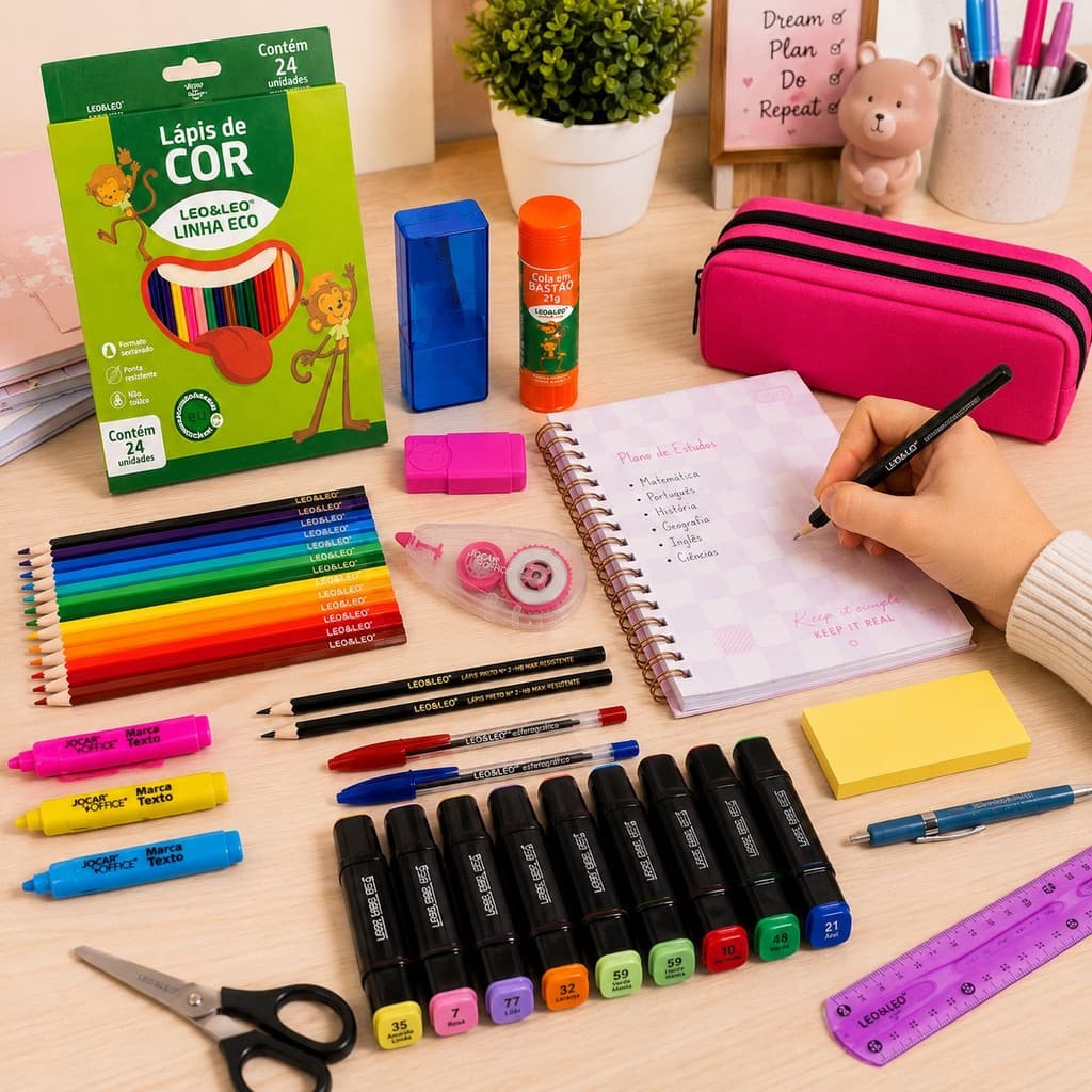 Kit Material Escolar Completo Lapis de Cor Canetinha Apontador Caderno Estojo Borracha