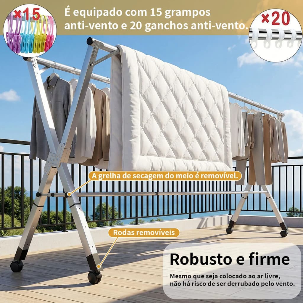 🔥Com rodas🔥175cm Varal De Chão Abas Slim Dobrável Retrátil Aço Com Rodinhas