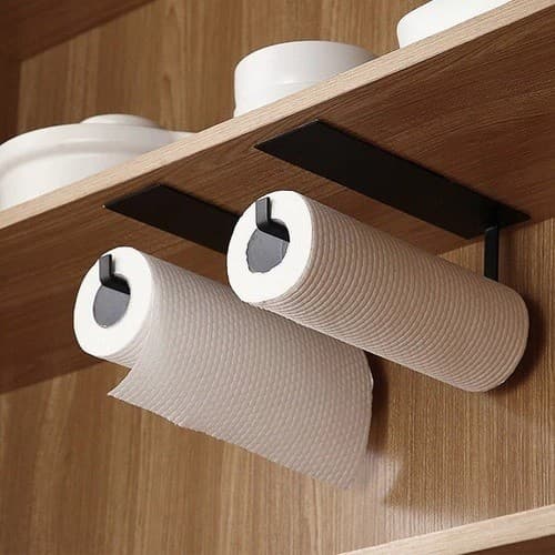 Porta Papel Toalha Parede Cozinha Multiuso Ferro Suporte guardanapo sem furos fácil instalação - 1 ITEM - PRETO