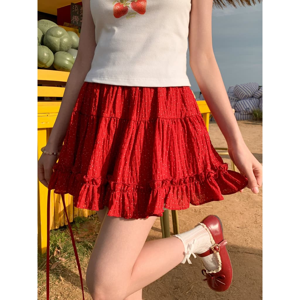 Mori feminino tribo saia feminina saia curta A linha saia bolinhas cintura elástica doce cintura alta bolo saia verão 20