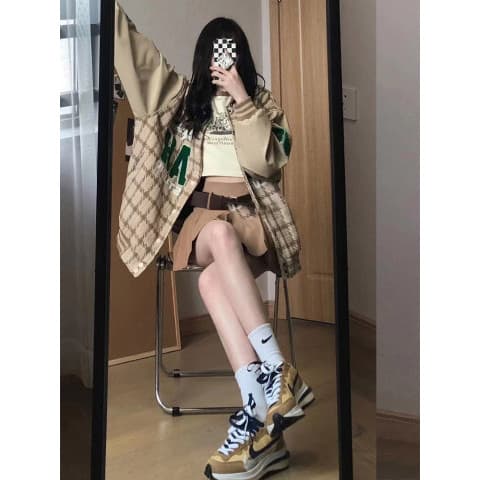 Uniforme de beisebol americano feminino primavera outono oversize All-Match estudante jaqueta hiphop Houndstooth jaqueta