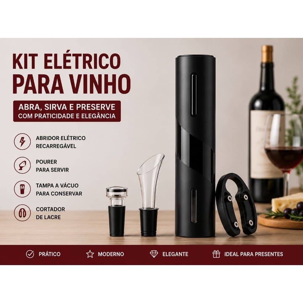Abridor de Vinho Elétrico Recarregável Kit 4 em 1 com Pourer e Tampa a Vácuo