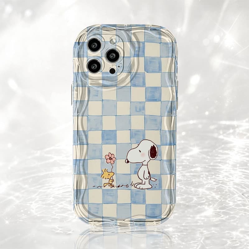 Capa Xadrez Azul Snoopy para iPhone XR 11 12 13 14 15 16 Pro Max Samsung S24 Não Amarela Anti Queda.