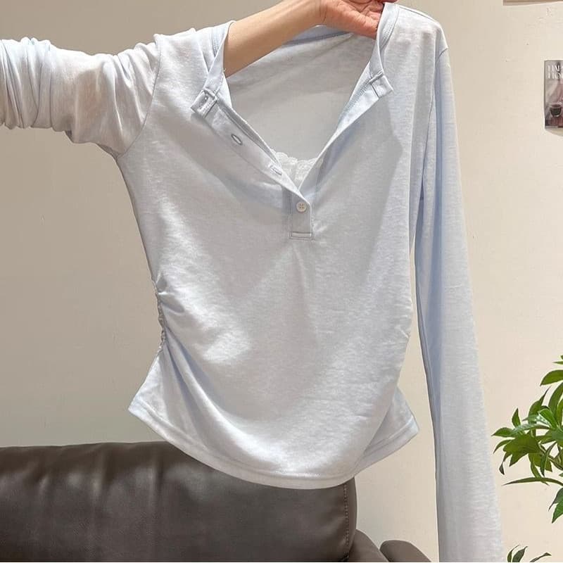 Falso de duas peças floco de neve com decote em V blusa protetor solar renda manga comprida feminina verão Casual fino l