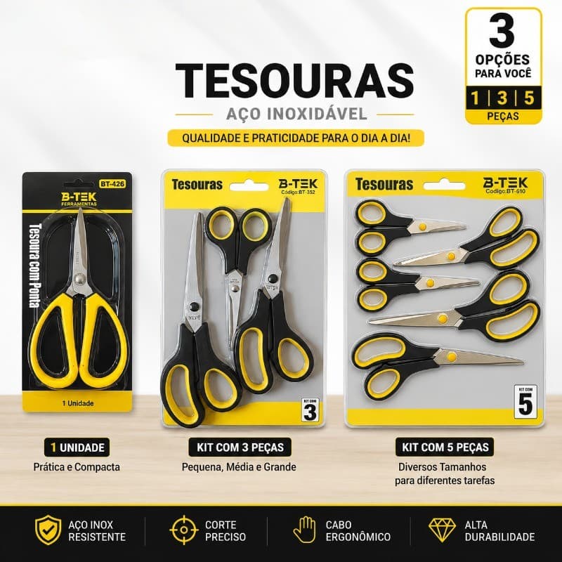 KIT 3/5 Peça Tesoura Multiuso Aço Inoxidável Para Papel Tecido Escola Escritório Unitária