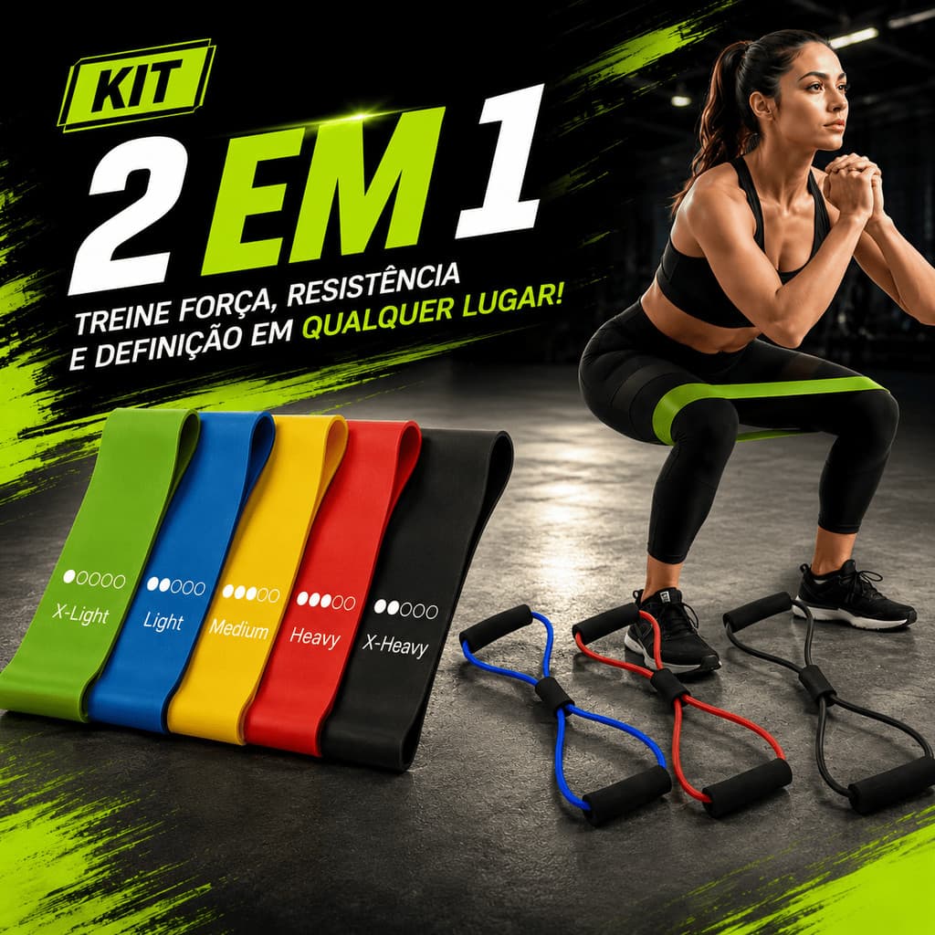 Kit Elásticos para Exercícios 5 Faixas Mini Band + Elástico de Tensão Extensor Funcional Musculação Pilates Fisio Cj/Un