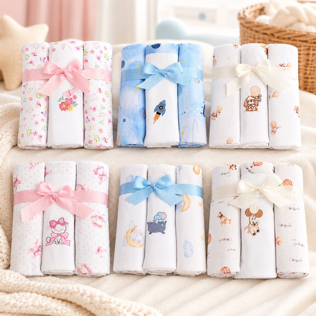 Cueiro Flanelado Algodão 80cm 3Pçs Enxoval Bebê Bordado Mimo