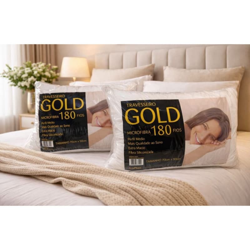 Kit 2 Travesseiros Gold Microfibra 180 Fios 70 x 50 Perfil Médio Extra Macio