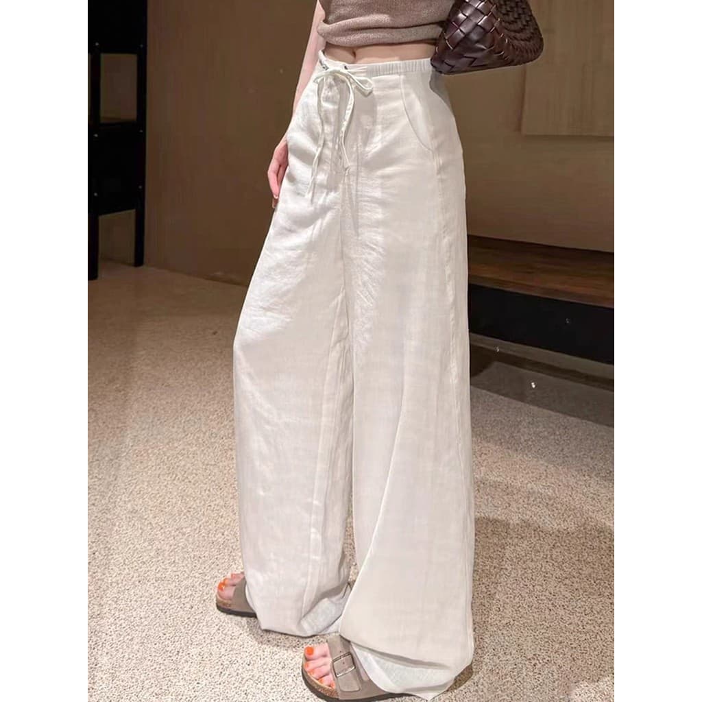 Calças de perna larga de linho branco feminino verão 2026 novo estilo Casual solto cintura alta mais magro olhar em linh