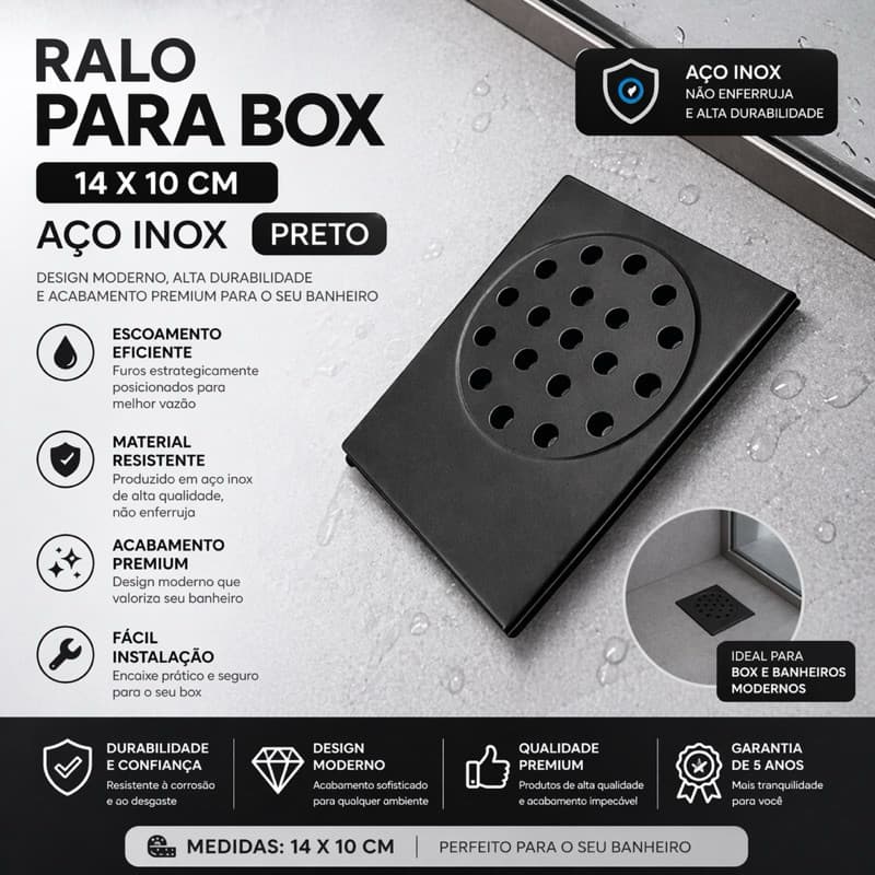 Pratic Preto - Ralo Para Box Escoamento Aço inox 14x10cm