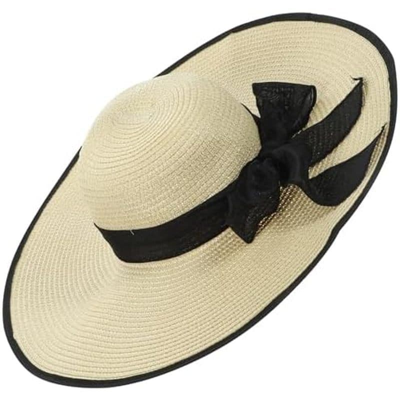 Chapéu De Sol De Aba Larga Para Mulheres , Praia Dobrável Com Grande De 16 Cm , Bege Borda Preta , Boné Guarda-Verão Via