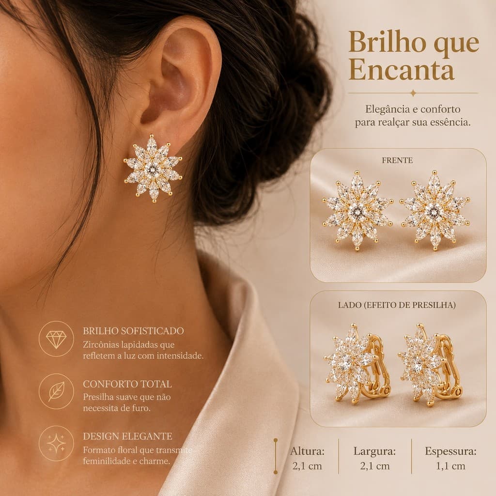 Brinco De Pressão Flor Zircônia Cobre Banhado A Ouro Aparência Sofisticada Com Preço Acessível Ideal Para Casamentos