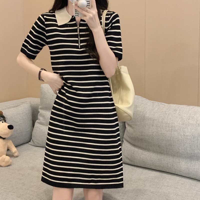 Vestido de verão feminino gola Polo francesa solta listrada All-Match saia curta de malha na moda