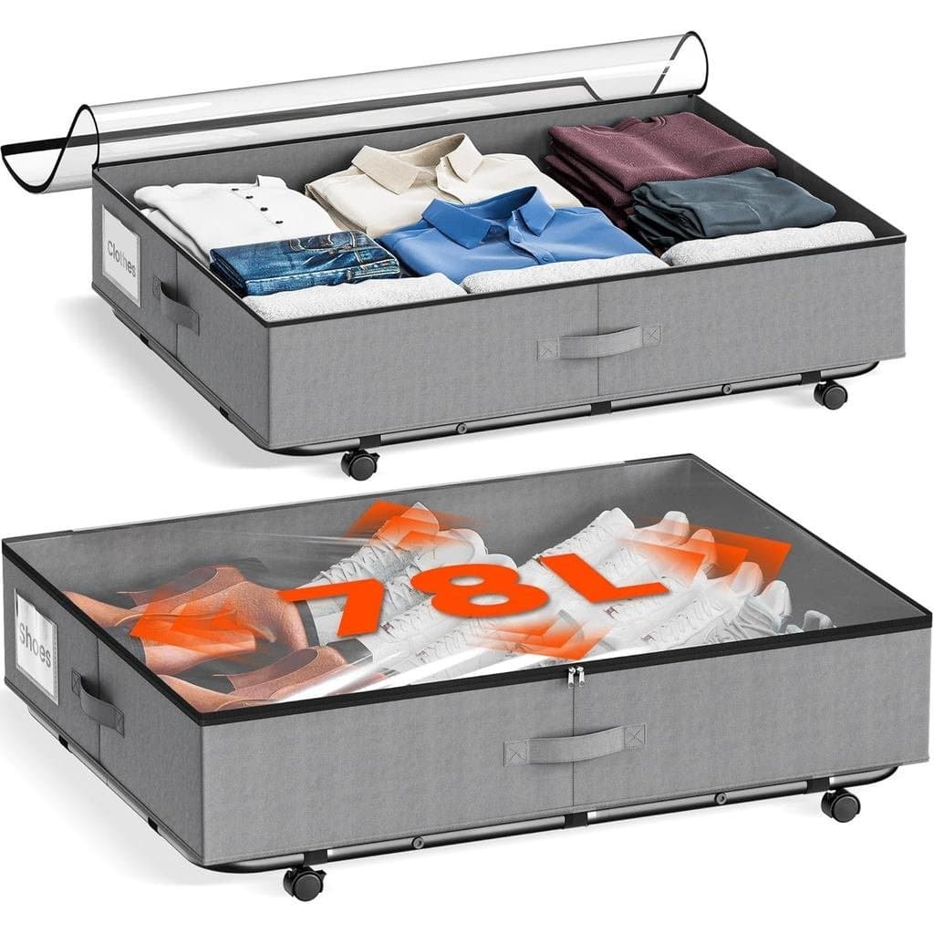 XXXL 78L Armazenamento sob a cama com rodas, recipientes de armazenamento com tampa transparente e etiqueta, estrutura d