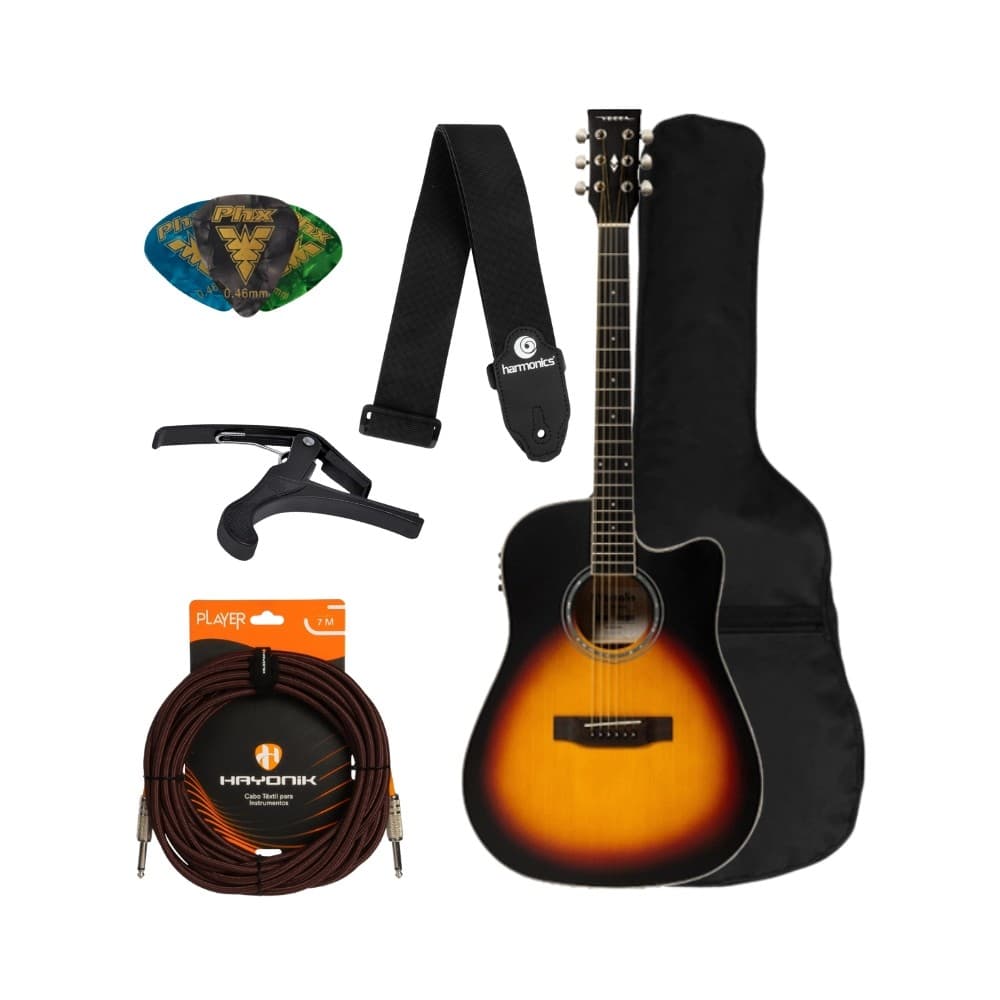 Violão Folk Cutaway Elétrico Vogga Sunburst Versalis VCP480 + Acessórios