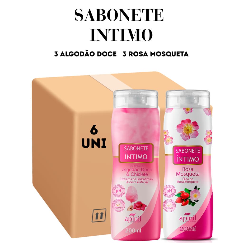 Kit 06 Unidades Sabonete Intimo 3 Algodão Doce 3 Rosa Mosqueta 200ML Apinil (Campanha)