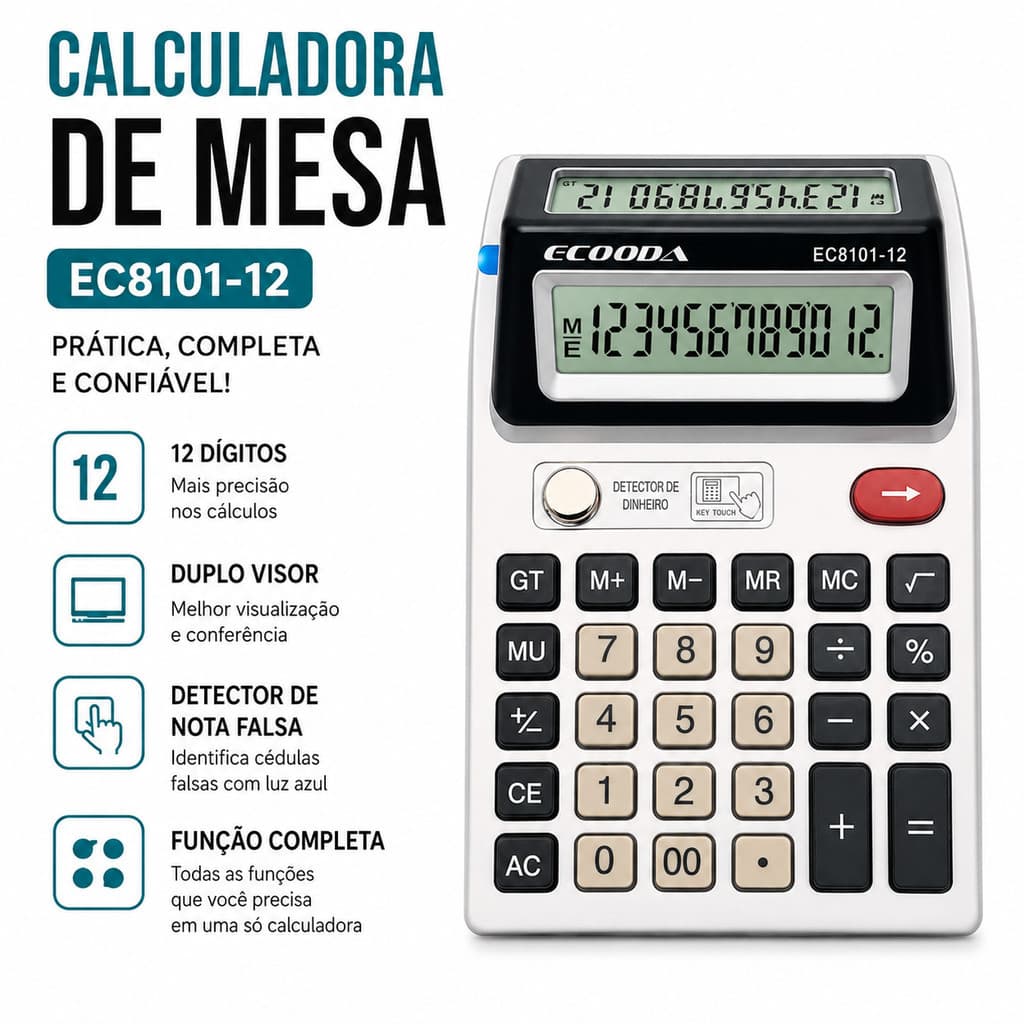Calculadora Eletrônica 12 Dígitos com Duplo Visor Detector de Dinheiro Escritório Escola Comércio