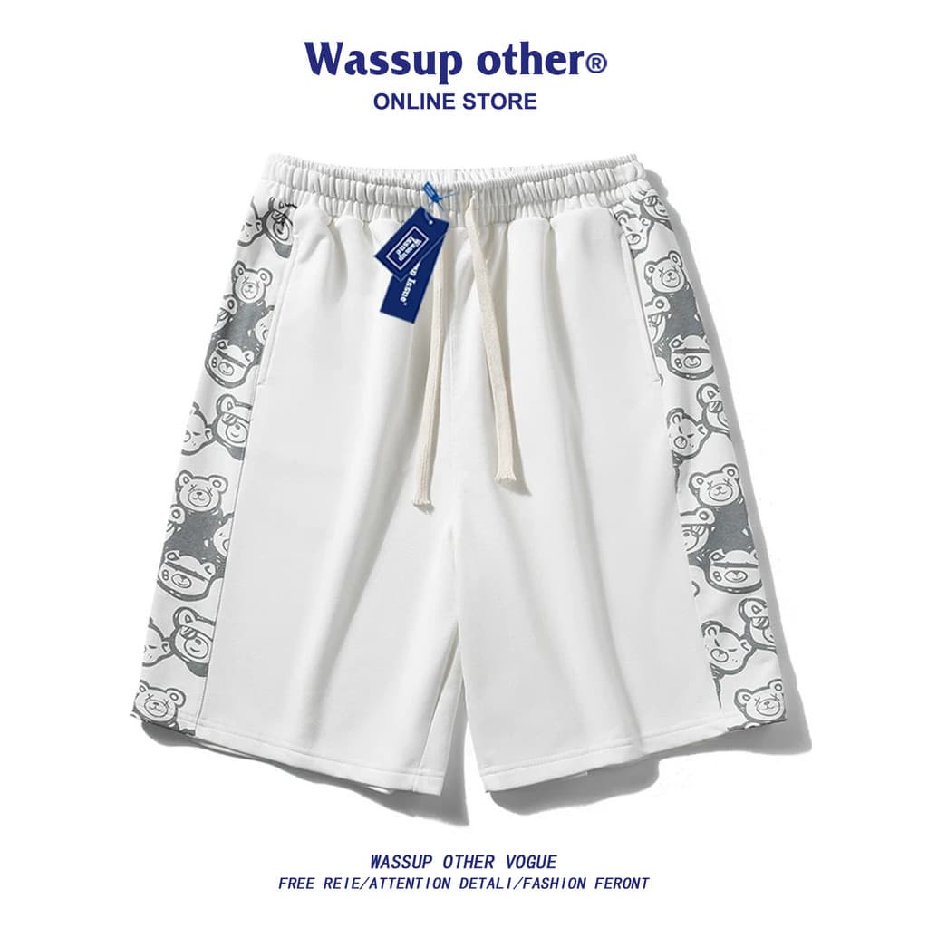 WASSUP OUTRO Verão Urso Shorts Esportivos Masculino Street Wear Solto Basquete Casual Praia Calças Cortadas Masculinas