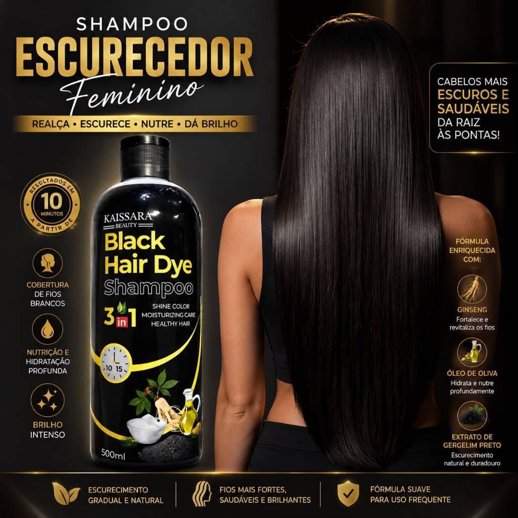 Shampoo Kaissara HAIR DYE 3 EM 1 500ml Tonalizante Cobre Cabelos Brancos Rápido Escurecedor Preto
