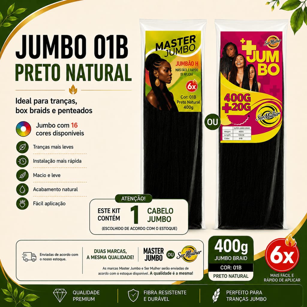 Cabelo Jumbo 400g Para Tranças Preto Natural 01B| Fibra Premium Leve Macia Fácil de Trançar Mega Volume