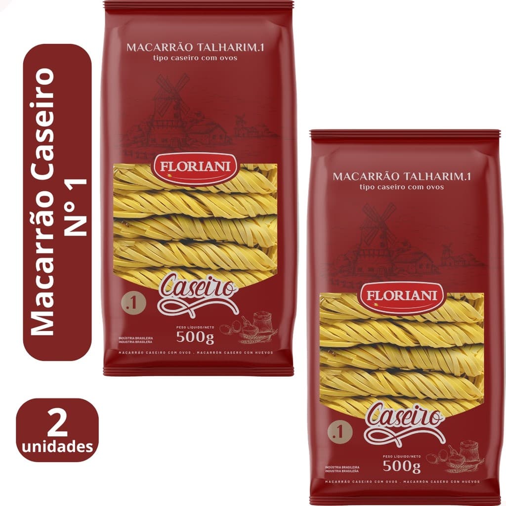 KIT 2 - Macarrão Caseiro Talharim Com Ovos 500g Numero 1 Massa Caseira Gourmet Pasta Floriani
