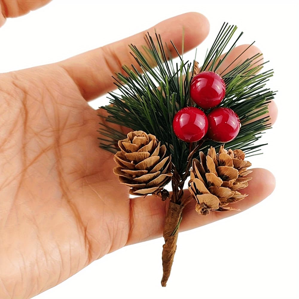 24 peças de galhos de pinheiro artificiais, com frutas vermelhas e pinhas de plástico, decoração para árvore de Natal.