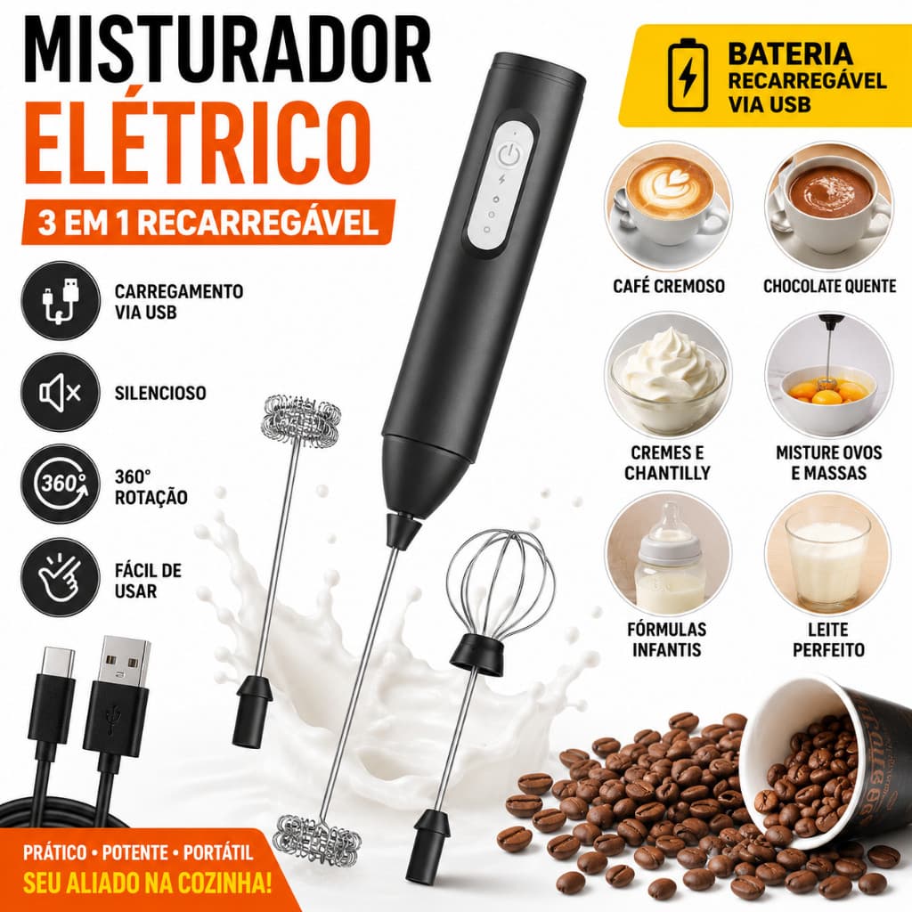 Misturador Elétrico Recarregável USB 3 Velocidades Espumador de Leite Batedor de Ovos Mini Mixer Portátil