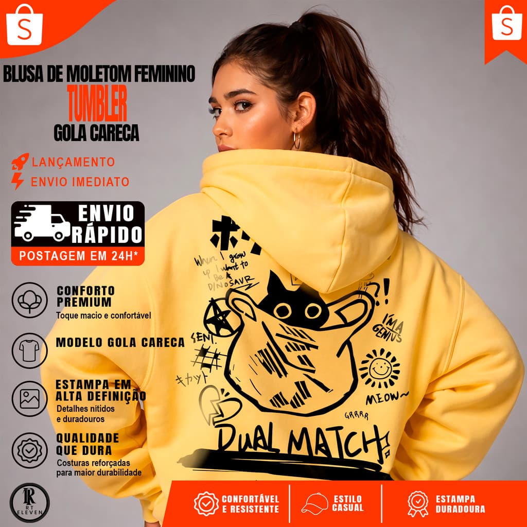 Moletom Feminino Dual Match Oversized Flanelado com Capuz Bolso Canguru Premium Estampa Costas