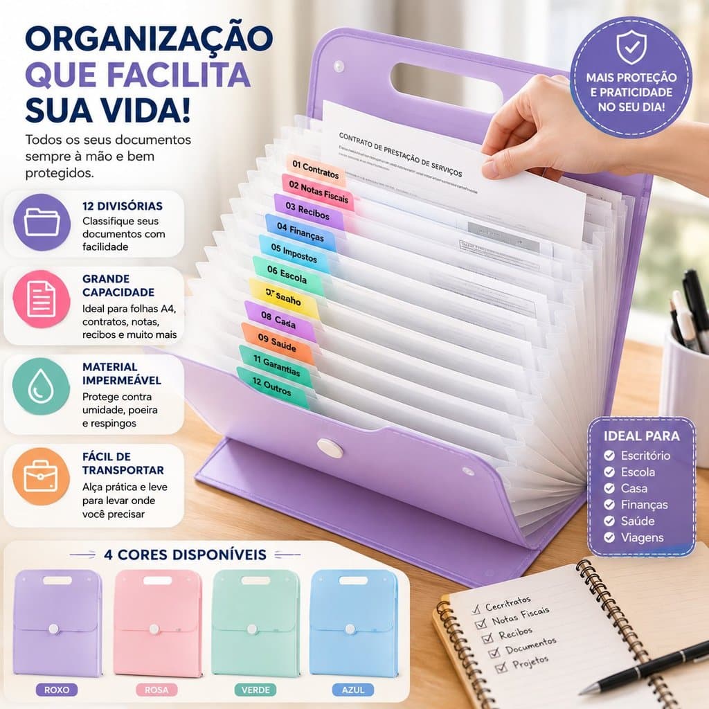 Pasta Sanfonada A4 Porta Documentos 12 Divisórias Grande Capacidade