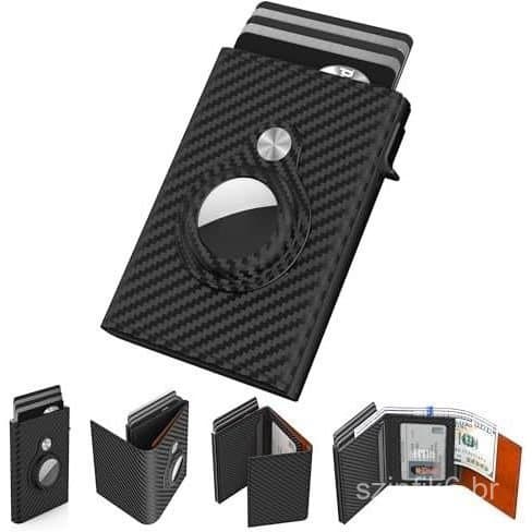 Carteira Inteligente Masculina para AirTag: Couro, Compatível com Apple AirTag, Bloqueio RFID, Fina, Fibra de Carbono, M