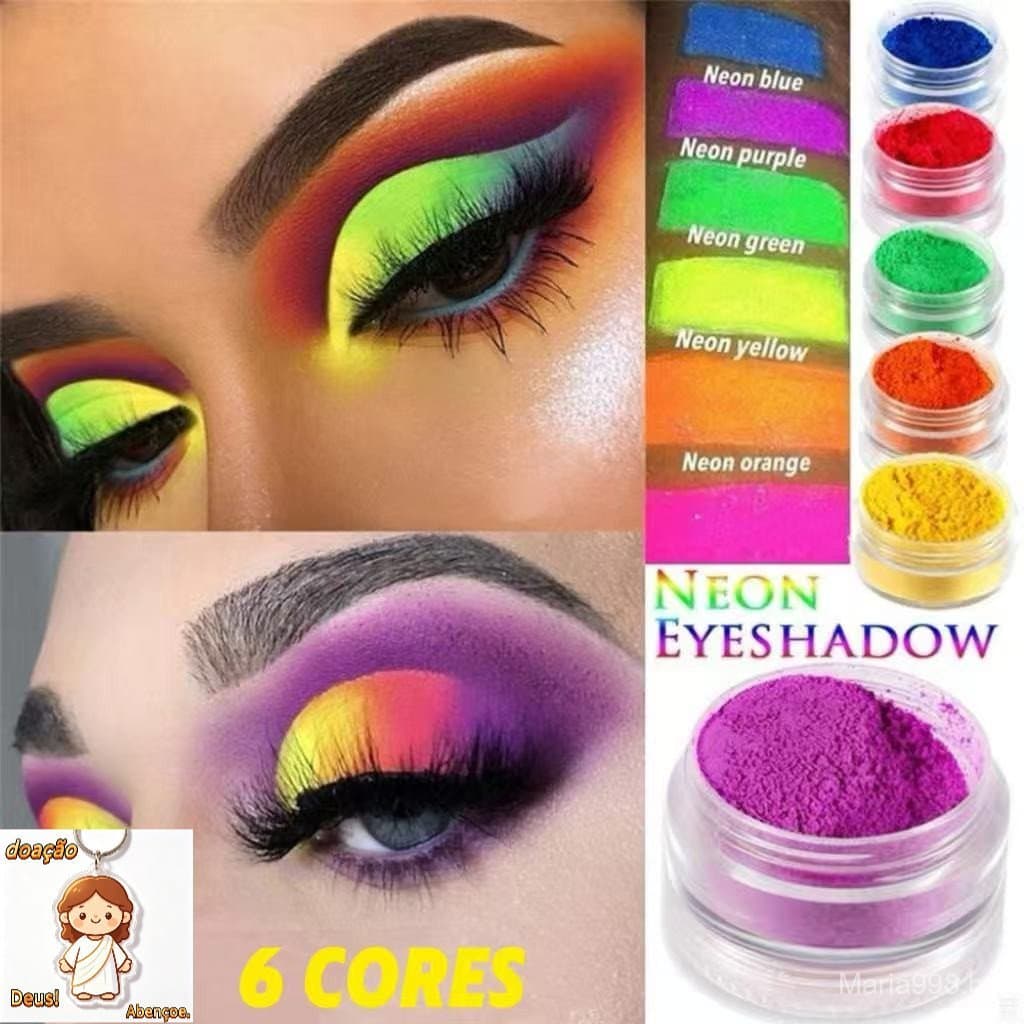 Kit C/6 Pó Neon Fluorescente 6 Cores - Para Maquiagem Carnaval, Unhas e Pintura Corporal ,Festa