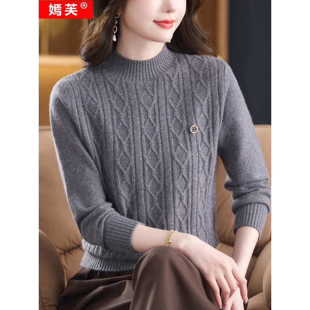 Yanfu novo estilo camisola feminina outono inverno moda solta camisola meia gola alta camisola mãe usar camisa de fundo