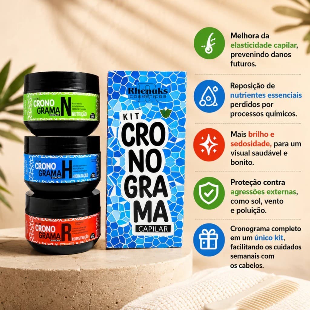 Kit 3 Itens Cronograma Capilar - Hidratação, Reconstrução e Nutrição - Rhenuks