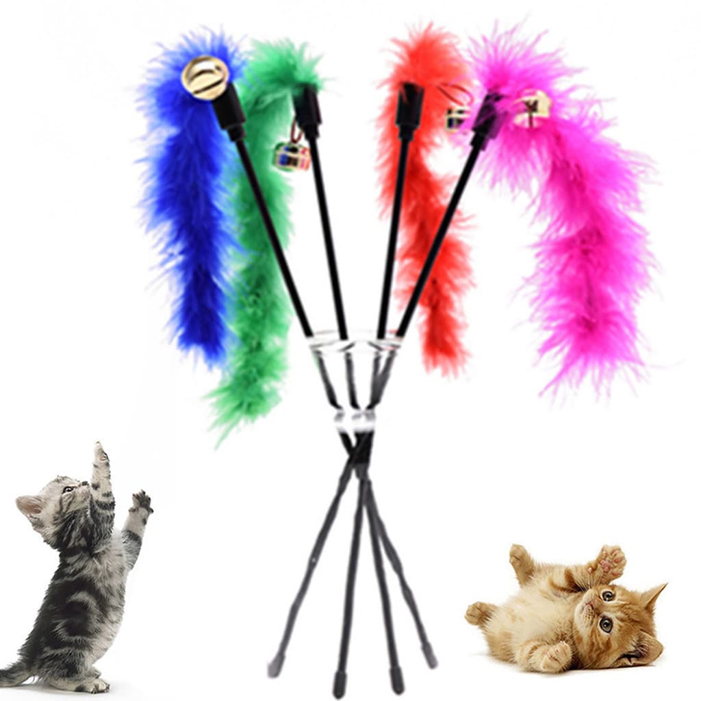 Varinha de Brincar para Gatos com Sino - Varinha Interativa de Pelúcia com Penas para Gatinhos