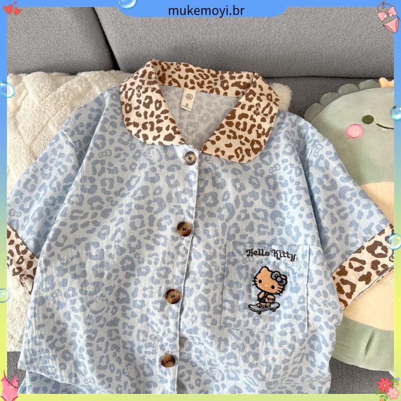 Contraste cor leopardo impressão nuvem algodão verão terno de três peças Shorts de manga curta pijamas feminino linda me