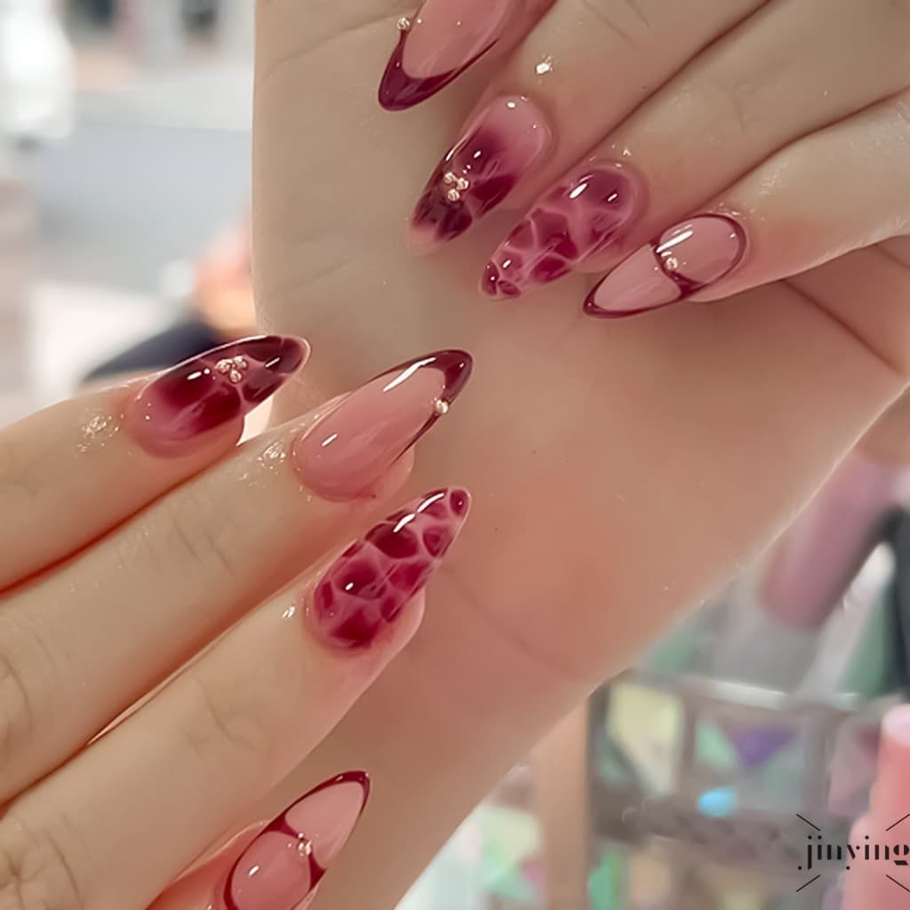 24 Pçs Unhas Falsas Francês Borgonha Pétala Flor Imprensa Em Dicas De Design Simples Conjunto Manicure Para Mulheres Uso