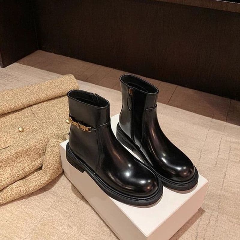 Botas ~ outono inverno novo estilo fivela de ouro zíper lateral couro genuíno motocicleta Ding botas curtas femininas bo