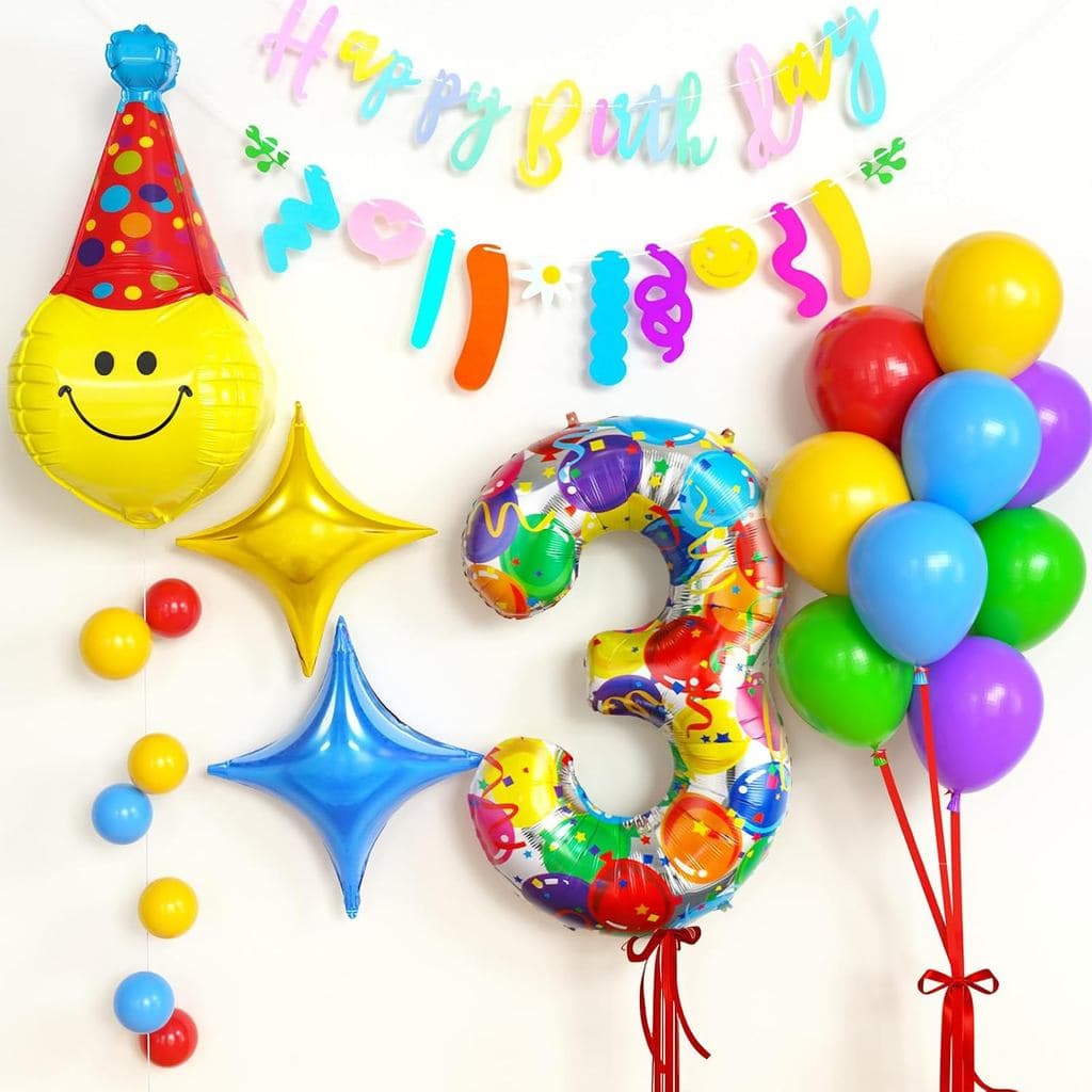 47 Peças de Decorações de Aniversário de 3 Anos para Meninos e Meninas, Balão Número 3, Faixa de Feliz Aniversário, Balã
