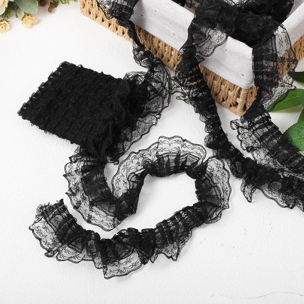 Yuanchu 5 Jardas de Renda Preta com Babados para Artesanato, Renda Plissada em Camadas com Borda Bordada para Costura, 1