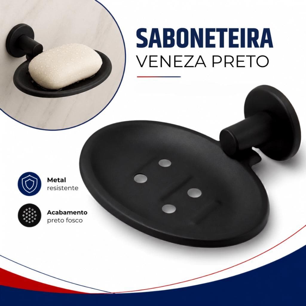Saboneteira Parede Preto Fosco Fixação Dupla de Parede Aço Inox Pintura Eletrostática