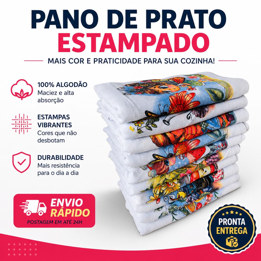 Pano De Prato Atacado Estampado Kit Com 10 Peças
