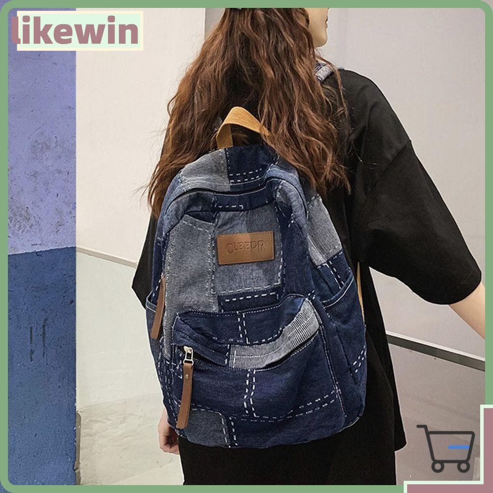 Mochila KIND , Bolsa Escolar Jeans Lavada Casual De Ombro Multifuncional Leve De Grande Capacidade