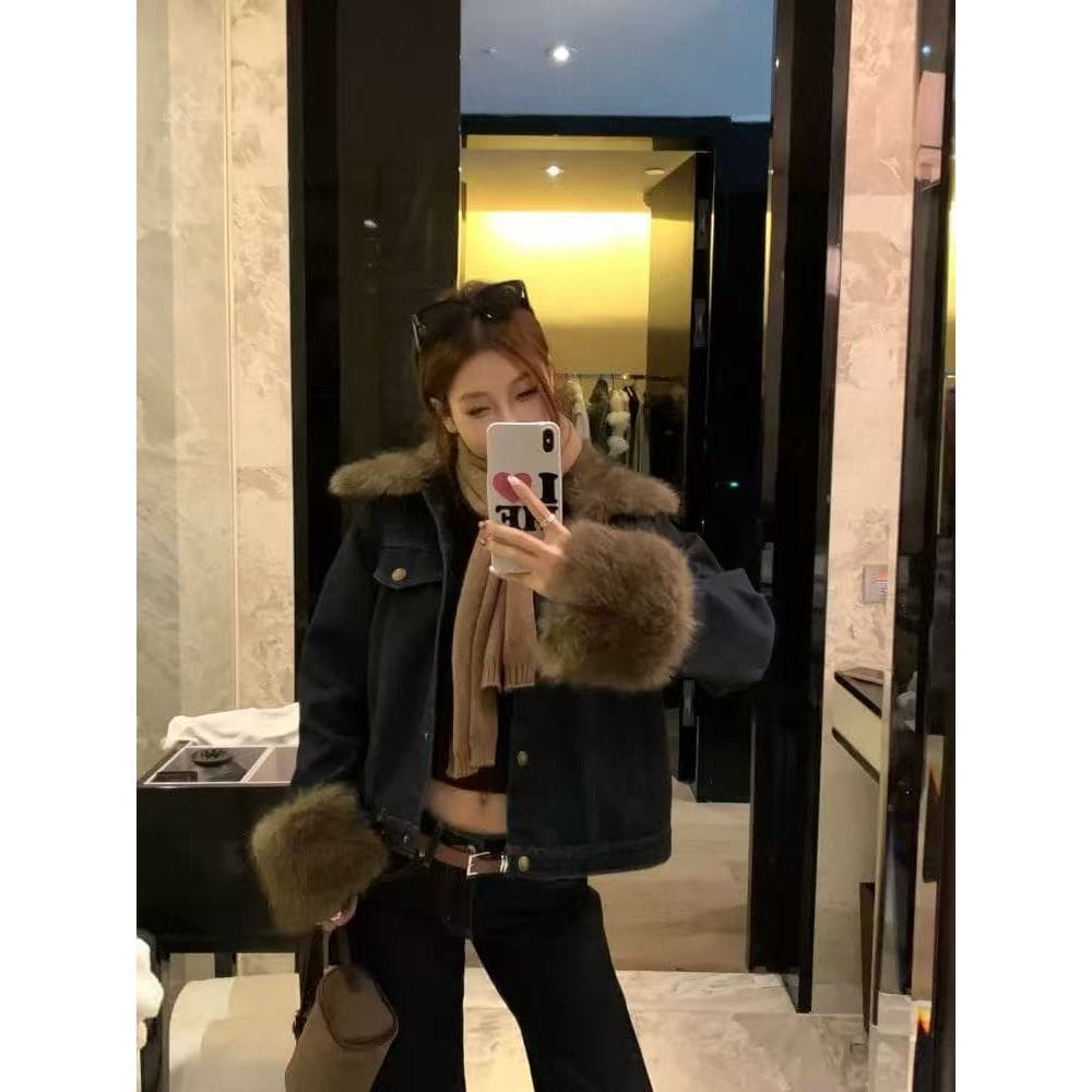 Gola de pele costura forro de lã Denim acolchoado jaqueta feminina curto inverno venda quente pequeno engrossado gola de